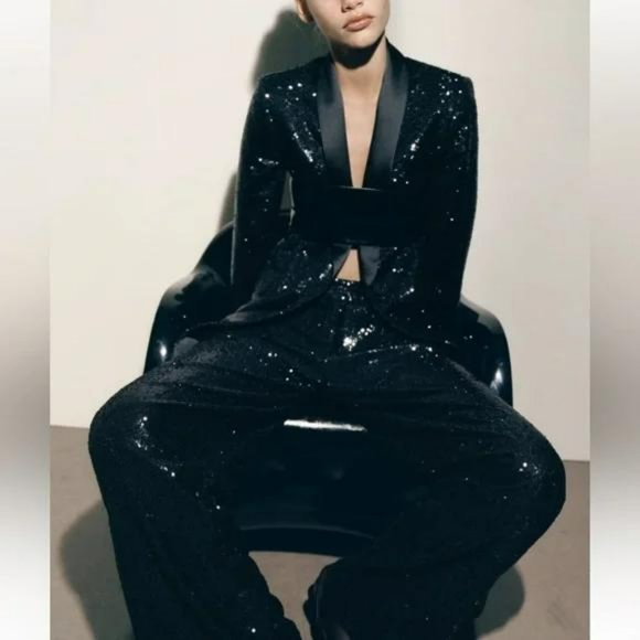 ZARA SEQUIN WIDE LEG TROUSERS - Picture 1 of 6